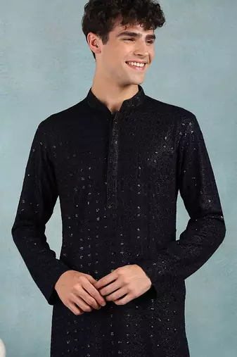Men navy blue viscose rayon solid embroidered straight kurta