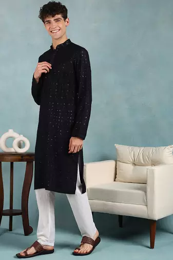 Men navy blue viscose rayon solid embroidered straight kurta
