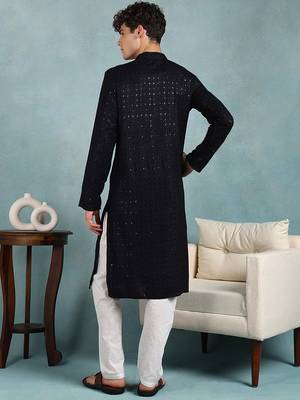 Men navy blue viscose rayon solid embroidered straight kurta 4
