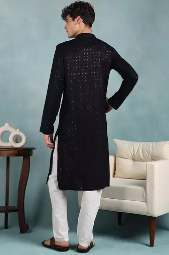 Men navy blue viscose rayon solid embroidered straight kurta