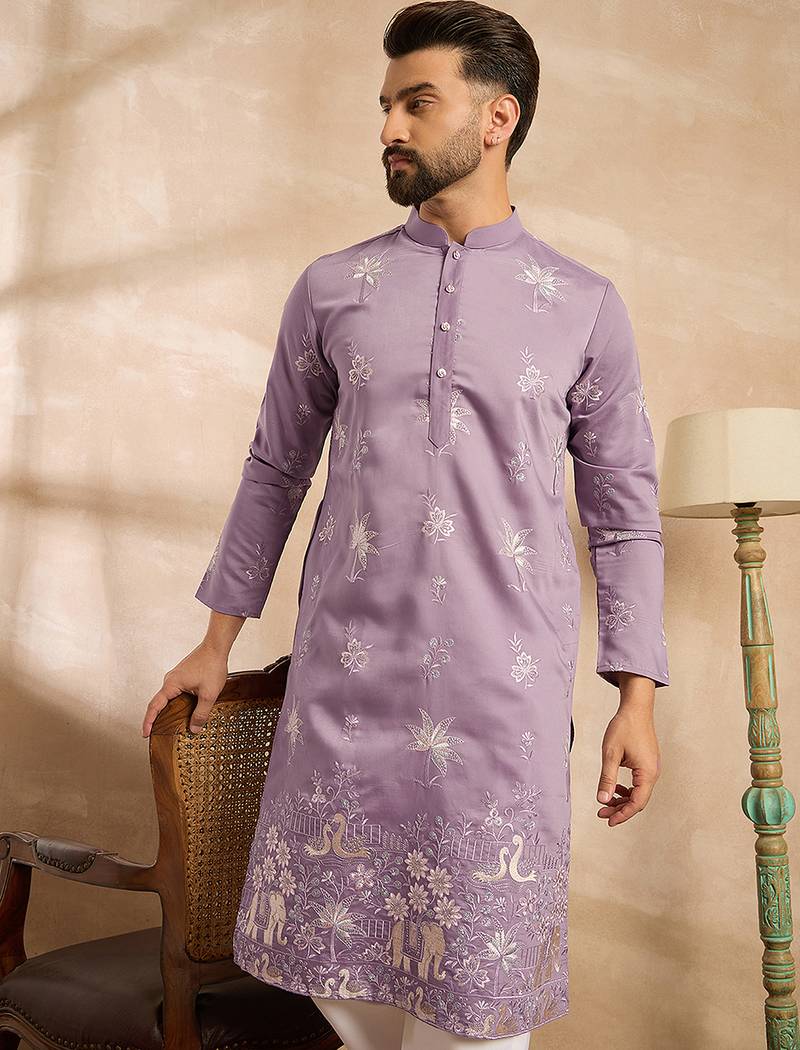 Men lavender silk blend solid embroidered straight kurta sets