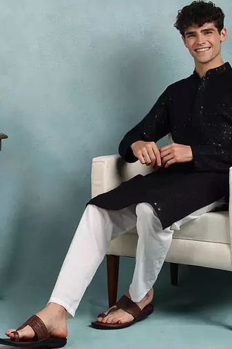 Men navy blue viscose rayon solid embroidered straight kurta
