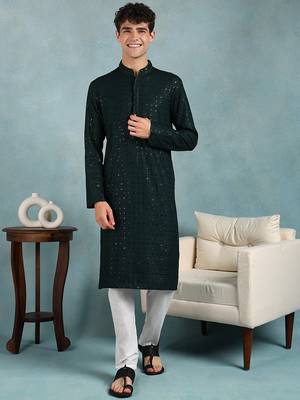 Men green viscose rayon solid embroidered straight kurta 1