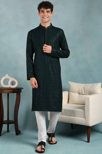 Men green viscose rayon solid embroidered straight kurta