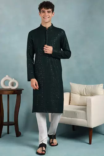 Men green viscose rayon solid embroidered straight kurta