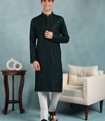 Men green viscose rayon solid embroidered straight kurta