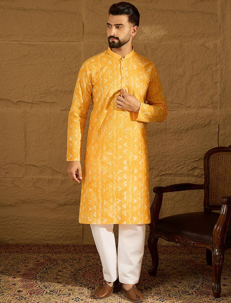 Men yellow cotton batik embroidered straight kurta with trouser