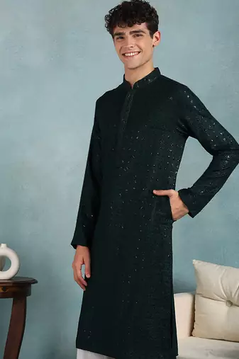 Men green viscose rayon solid embroidered straight kurta