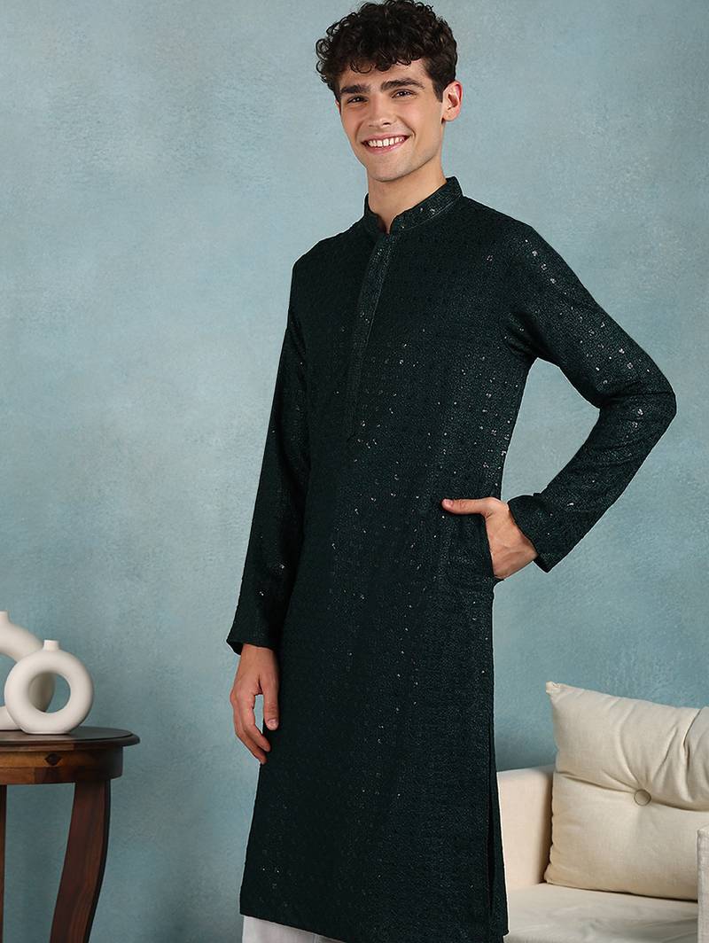 Men green viscose rayon solid embroidered straight kurta