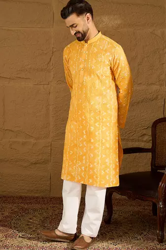 Men yellow cotton batik embroidered straight kurta with trouser