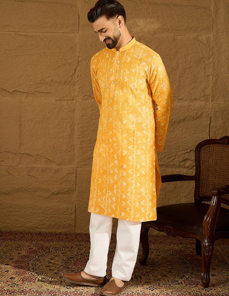 Men yellow cotton batik embroidered straight kurta with trouser