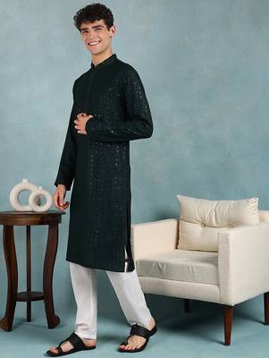 Men green viscose rayon solid embroidered straight kurta 3