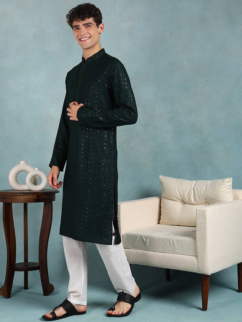 Men green viscose rayon solid embroidered straight kurta