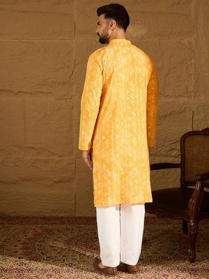 Men yellow cotton batik embroidered straight kurta with trouser 4