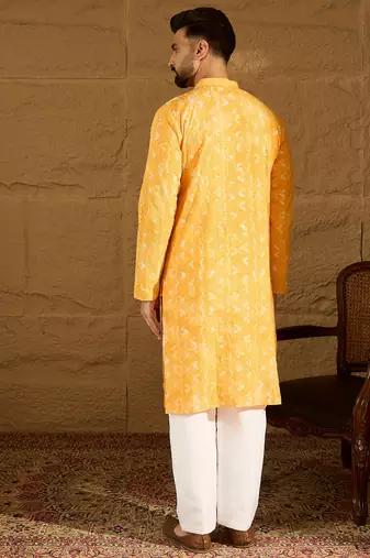Men yellow cotton batik embroidered straight kurta with trouser