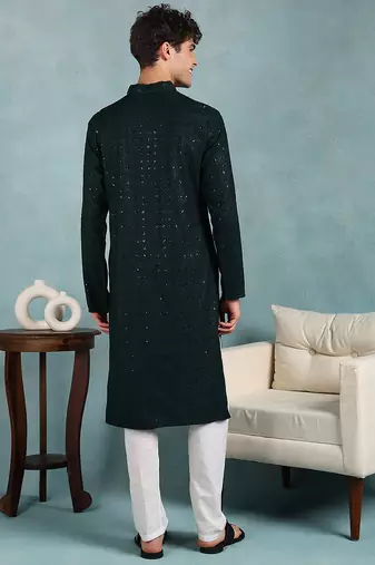 Men green viscose rayon solid embroidered straight kurta