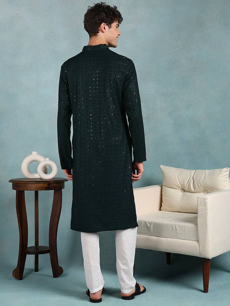 Men green viscose rayon solid embroidered straight kurta