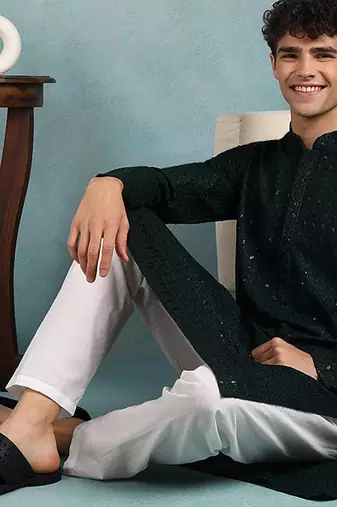 Men green viscose rayon solid embroidered straight kurta