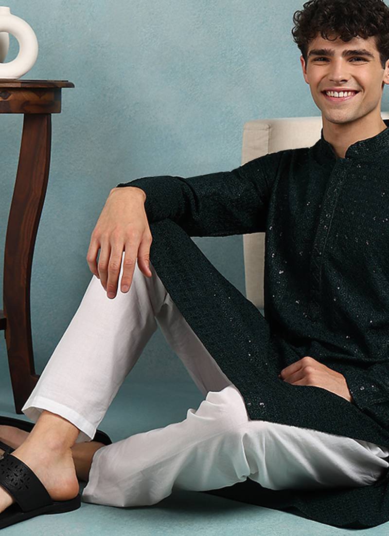 Men green viscose rayon solid embroidered straight kurta