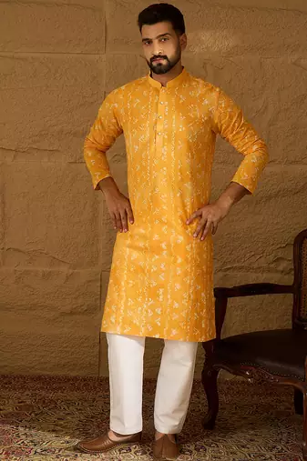 Men yellow cotton batik embroidered straight kurta with trouser