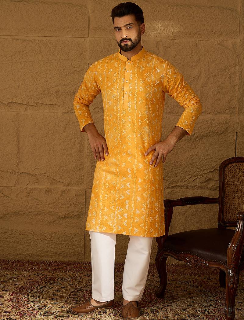 Men yellow cotton batik embroidered straight kurta with trouser