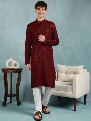Men maroon viscose rayon solid embroidered straight kurta 1