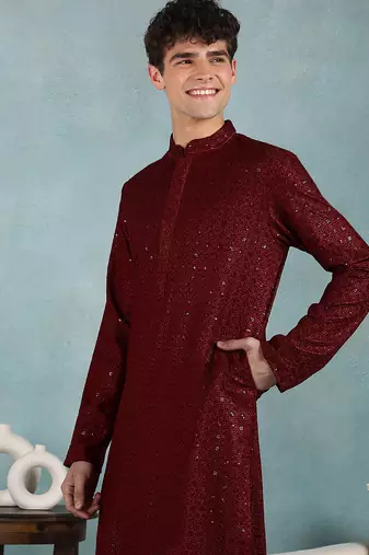 Men maroon viscose rayon solid embroidered straight kurta
