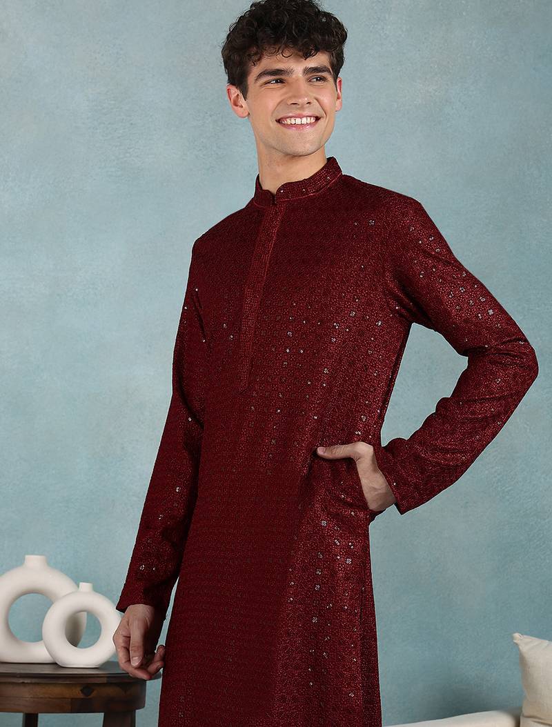 Men maroon viscose rayon solid embroidered straight kurta
