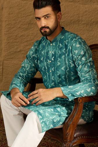 Men blue cotton batik embroidered straight kurta with trouser