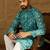 Men blue cotton batik embroidered straight kurta with trouser