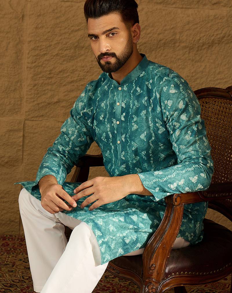Men blue cotton batik embroidered straight kurta with trouser