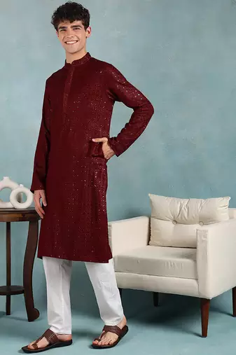 Men maroon viscose rayon solid embroidered straight kurta