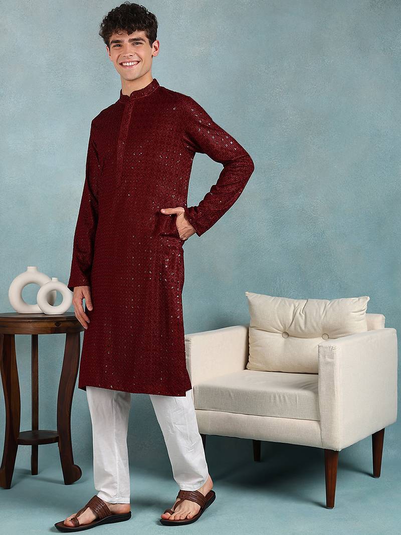 Men maroon viscose rayon solid embroidered straight kurta