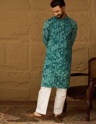 Men blue cotton batik embroidered straight kurta with trouser 2