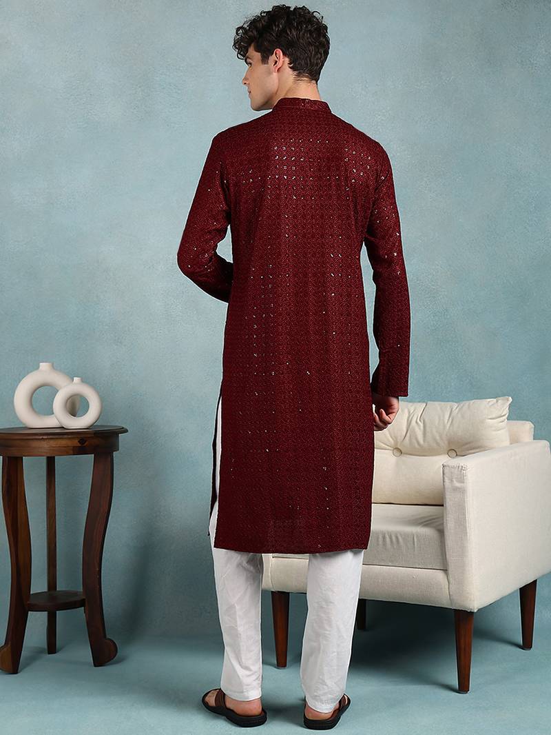 Men maroon viscose rayon solid embroidered straight kurta