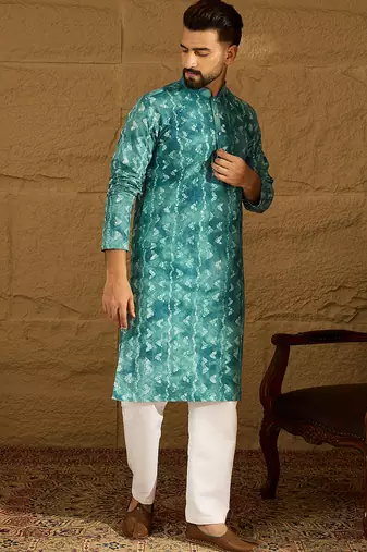 Men blue cotton batik embroidered straight kurta with trouser