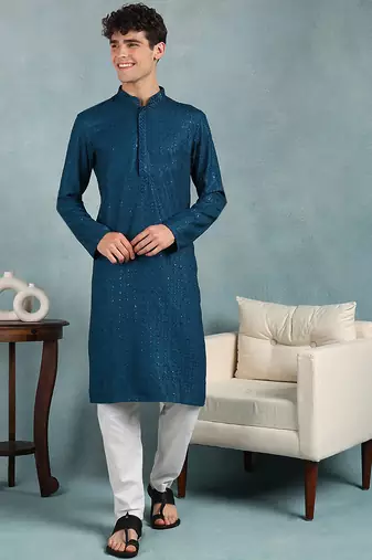 Men teal viscose rayon solid embroidered straight kurta