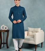 Men teal viscose rayon solid embroidered straight kurta