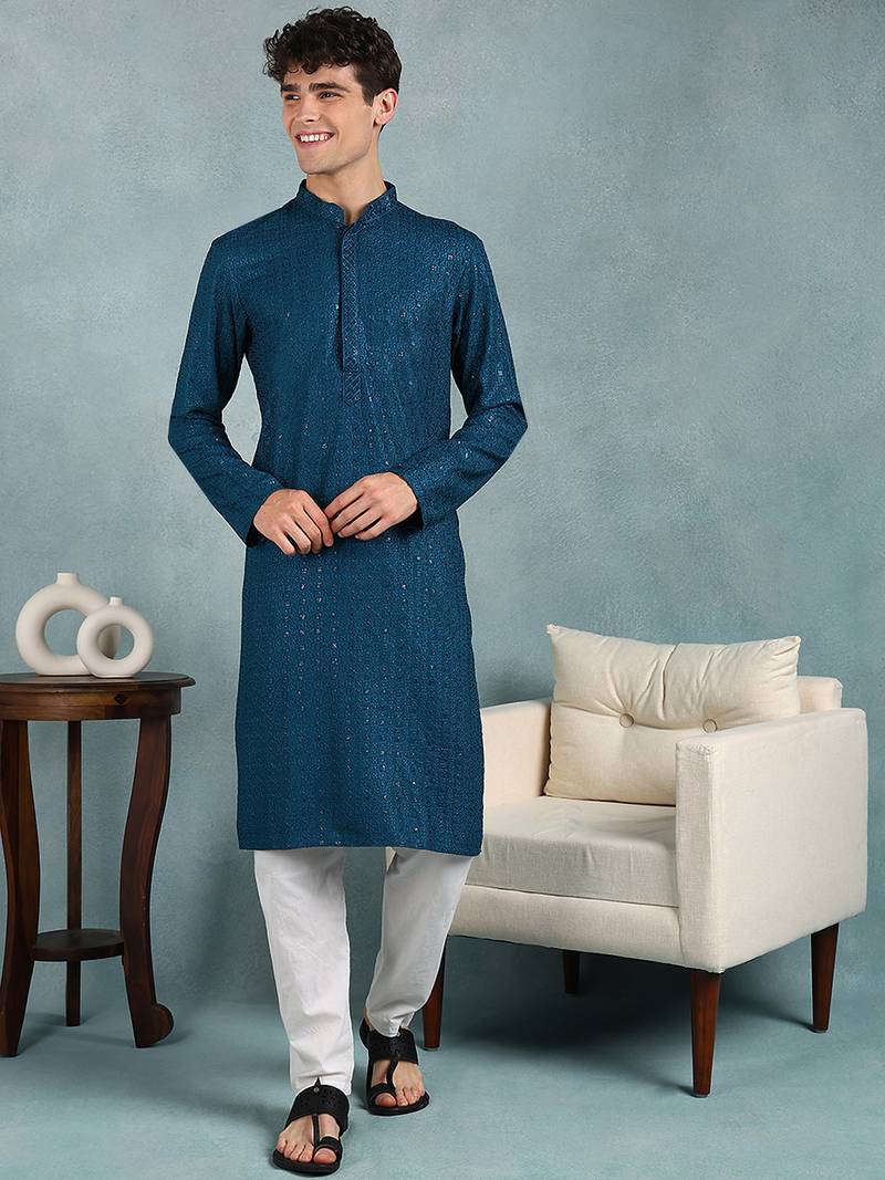 Men teal viscose rayon solid embroidered straight kurta