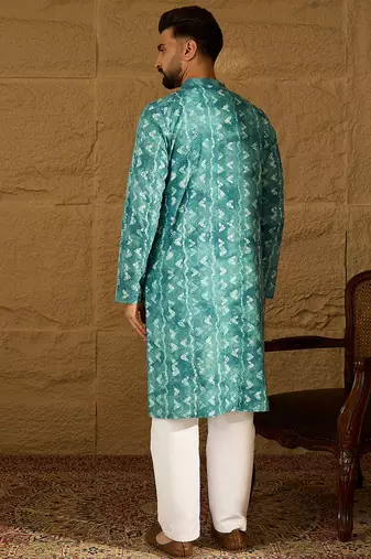 Men blue cotton batik embroidered straight kurta with trouser