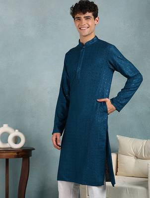 Men teal viscose rayon solid embroidered straight kurta 2