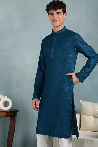 Men teal viscose rayon solid embroidered straight kurta