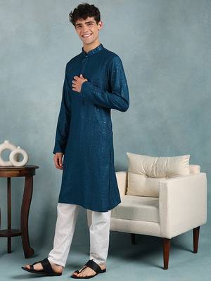 Men teal viscose rayon solid embroidered straight kurta 3