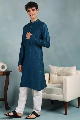 Men teal viscose rayon solid embroidered straight kurta