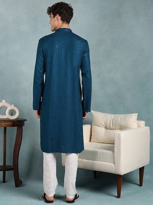 Men teal viscose rayon solid embroidered straight kurta 4