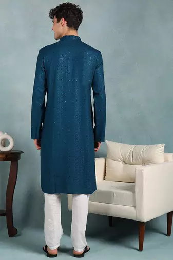 Men teal viscose rayon solid embroidered straight kurta