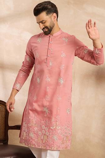 Men pink cotton solid embroidered straight kurta sets