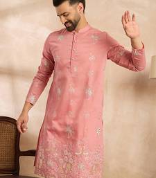 Men pink cotton solid embroidered straight kurta sets