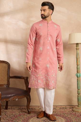 Men pink cotton solid embroidered straight kurta sets