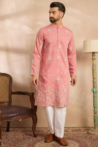 Men pink cotton solid embroidered straight kurta sets